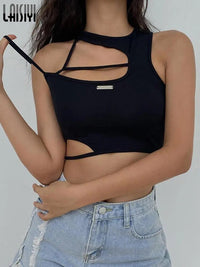 Crop Top Women Hollow Out Black Blouses Sleeveless Skinny Cool Punk T Shirts Techwear 2022 Summer New Sexy Tank Tops Y2k Clothes