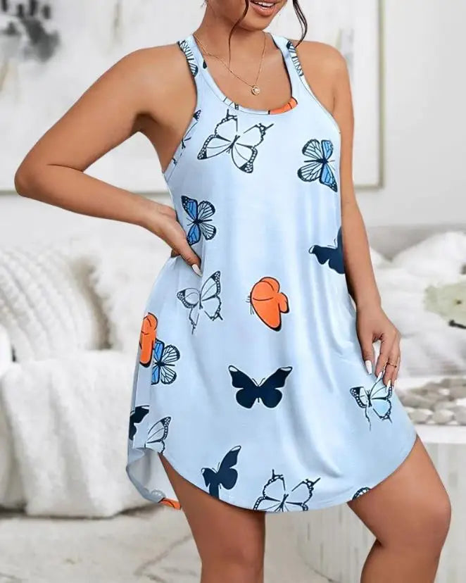 2023 Summer New Casual Women's Nightwear Fashion Sexy Comfortable Round Neck Plus Size Butterfly Print Sleeveless Sleep Dress