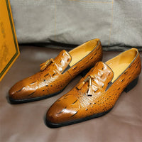 Luxury Men's Black Coffee Crocodile Print Loafers Slip-On Tassel Detail Casual Formal Dress Leather Shoes