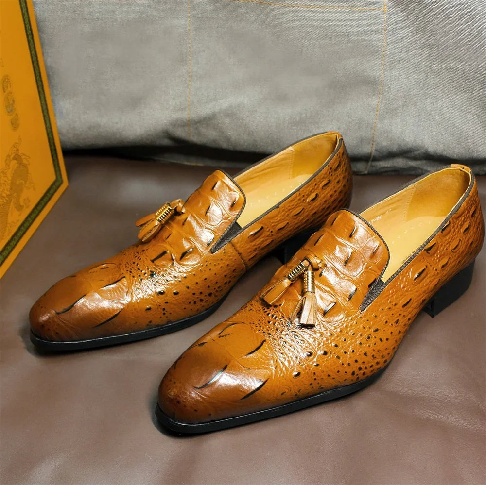 Luxury Men's Black Coffee Crocodile Print Loafers Slip-On Tassel Detail Casual Formal Dress Leather Shoes