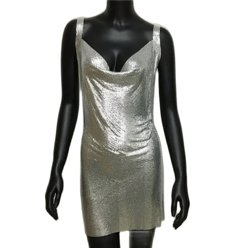 Sexy Metallic Sequin Mini Dress For Women Backless Cocktail Club Glitter Low Cut Halter Dress Rave Party Nightclub Dresses