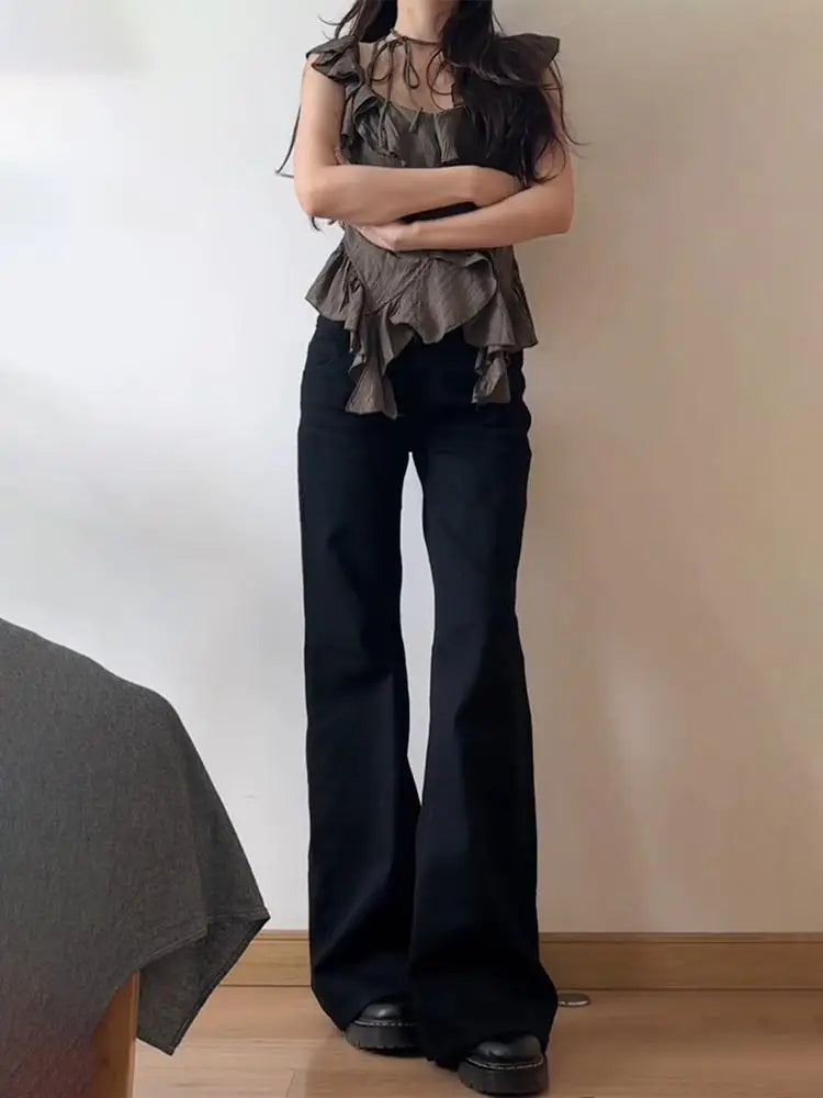 Women Low Waist Flared Jeans Retro Style Blue Black Micro Flare Pants Loose Straight Wide Leg Jeans Female Spring Fashion