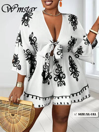 Wmstar Plus Size Jumpsuit Women Print Short Sleeve Bodysuit Loose Sexy Deep V Neck Summer Holiday Rompers Wholesale Dropshipping