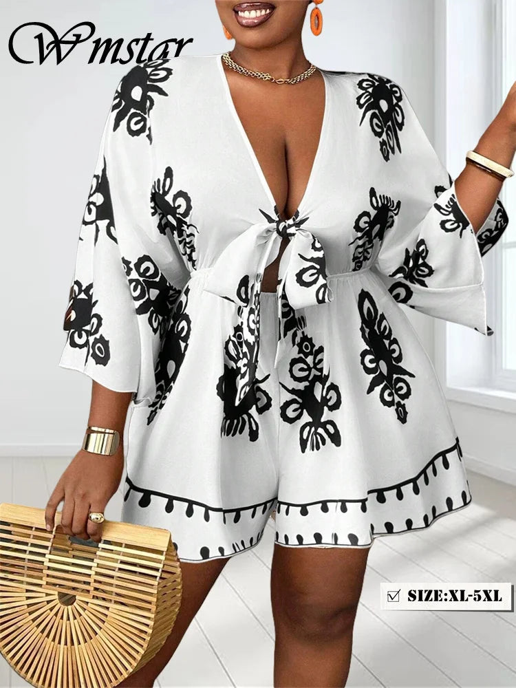 Wmstar Plus Size Jumpsuit Women Print Short Sleeve Bodysuit Loose Sexy Deep V Neck Summer Holiday Rompers Wholesale Dropshipping
