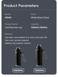 One Button Open Water Bottle with Lifting Rope, Large Capacity Stainless Steel Thermos Bottle,Outdoor Sport Vacuum Flasks