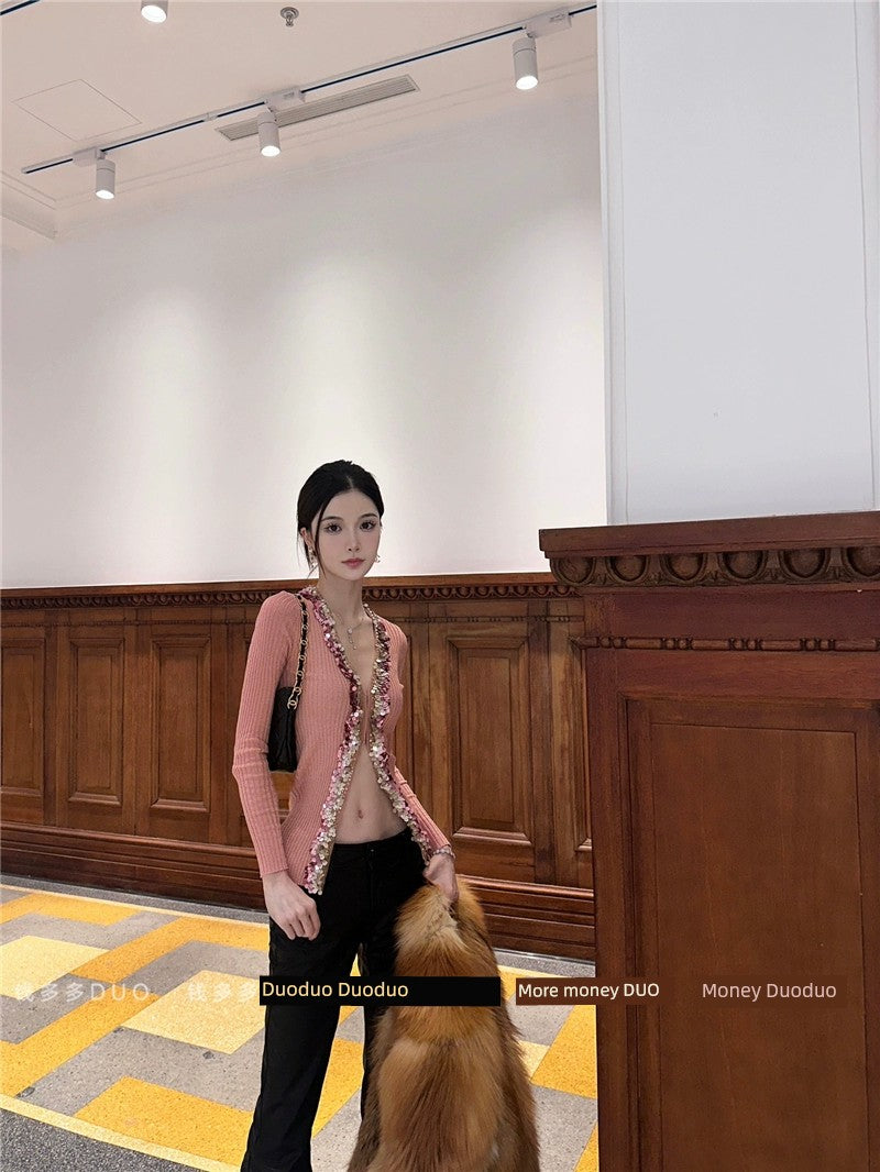 French Style Temperament Heavy Embroidery Sequins Pink Knitting Cardigan