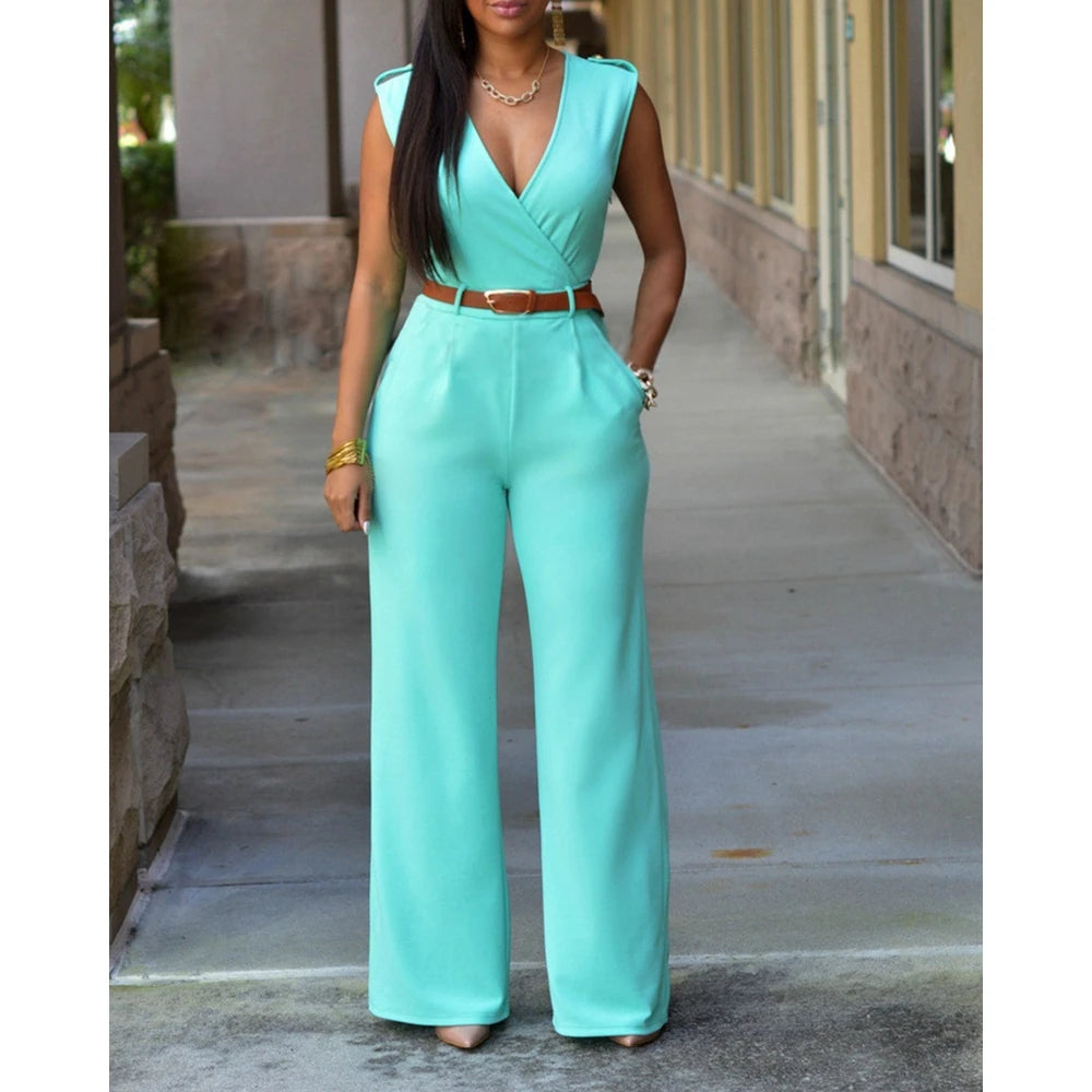 Summer Women Sleeveless Plunge Wide Leg Jumpsuit With Belt Female V Neck Causal One-pieces Office Lady Outfits Elegant Workwear