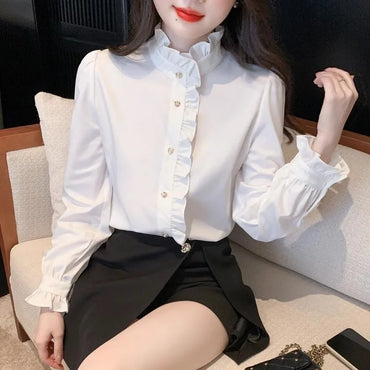 1pcs Woman Spring Autumn French Style Elegant Shirts Lady Fashion White Shirt Female Casual Long Sleeve Half High Collar Tops