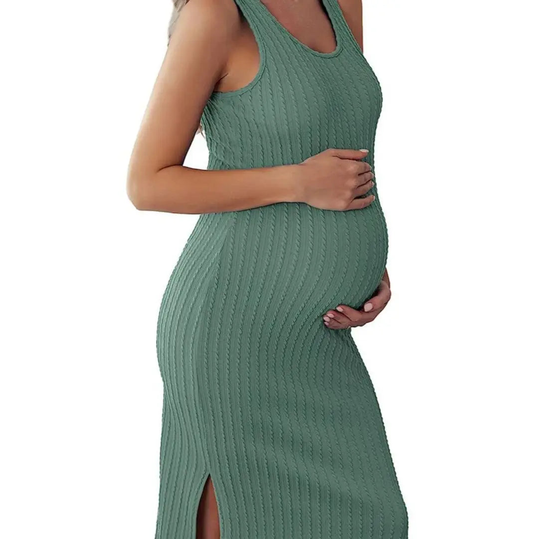 Women's Maternity Dress Rib Knit Sleeveless Tank Side Slit Bodycon Dresses Pregnancy Clothes S-XXL