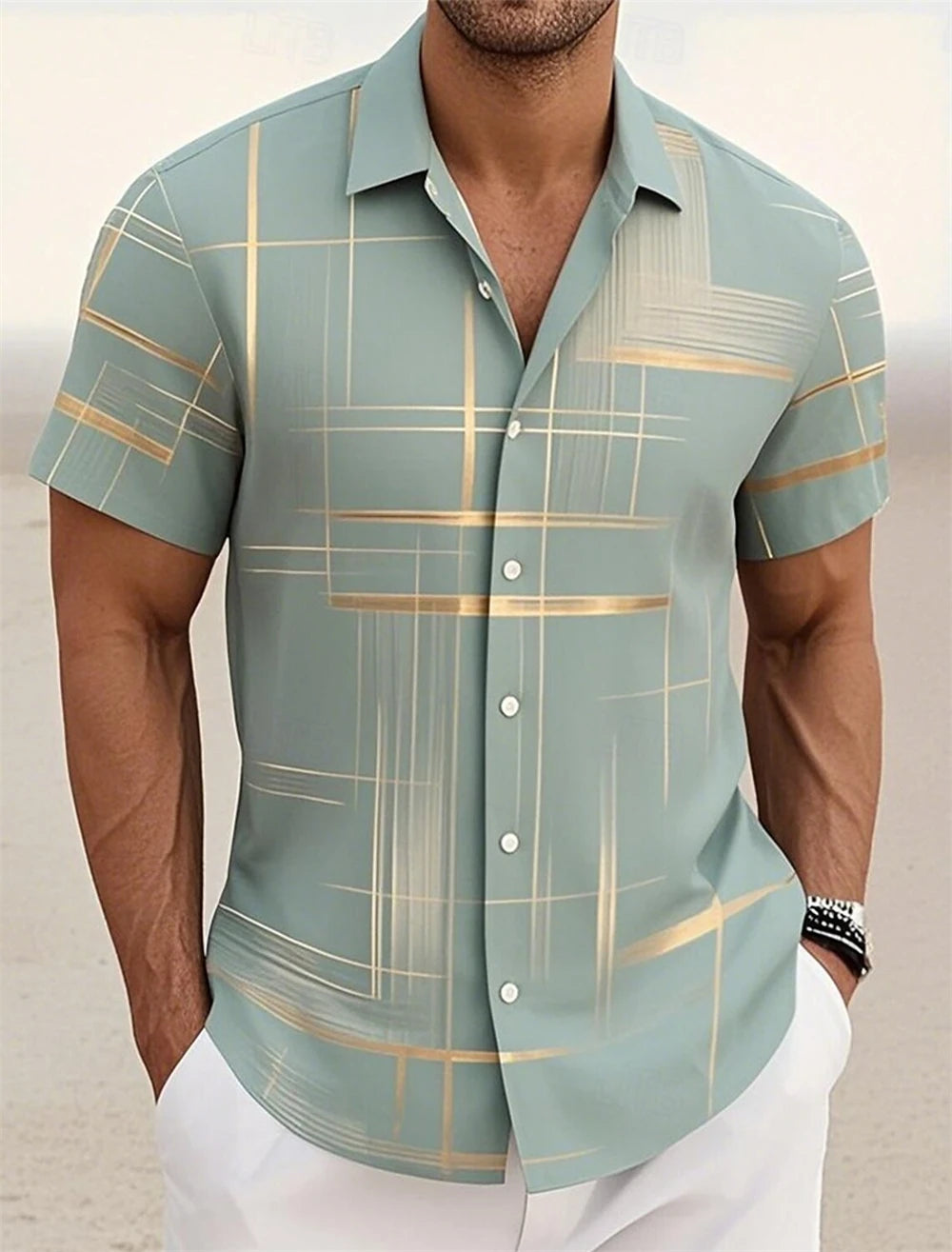 Men's Geometric Plaid Button Shirt Casual Fashion Outdoor Vacation Street Trend Turndown Shirt 3D Printed Short Sleeve Shirts