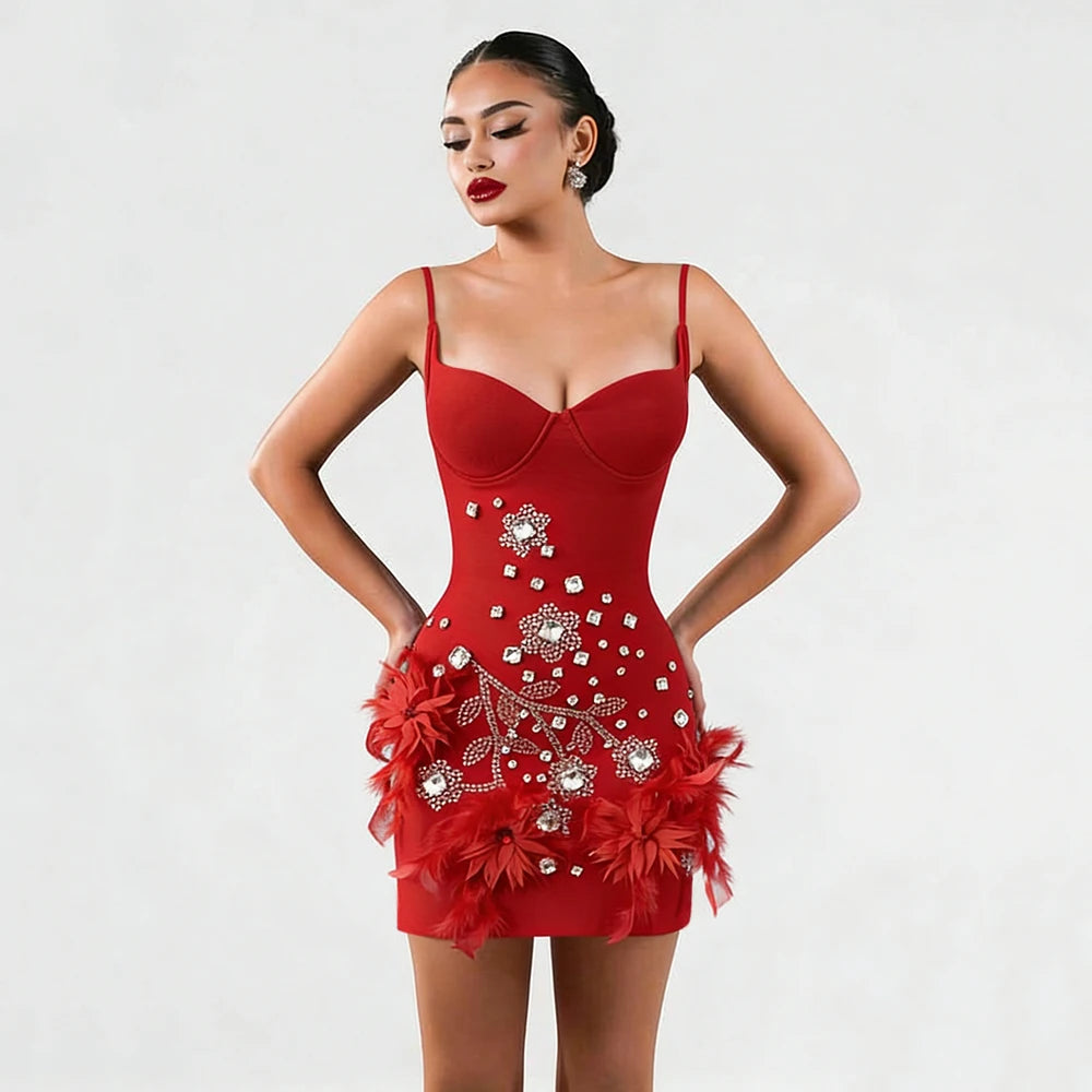 2026 New Arrival Women Spaghetti Strap Bandage Dress Luxury Rhinestones Diamond Club Party Mini Clothes
