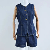 2026 Denim Shorts Suit Women Streetwear Outfits Distressed Top Sleeveless Round Collar Single Breasted Short Pants 2 Piece Sets
