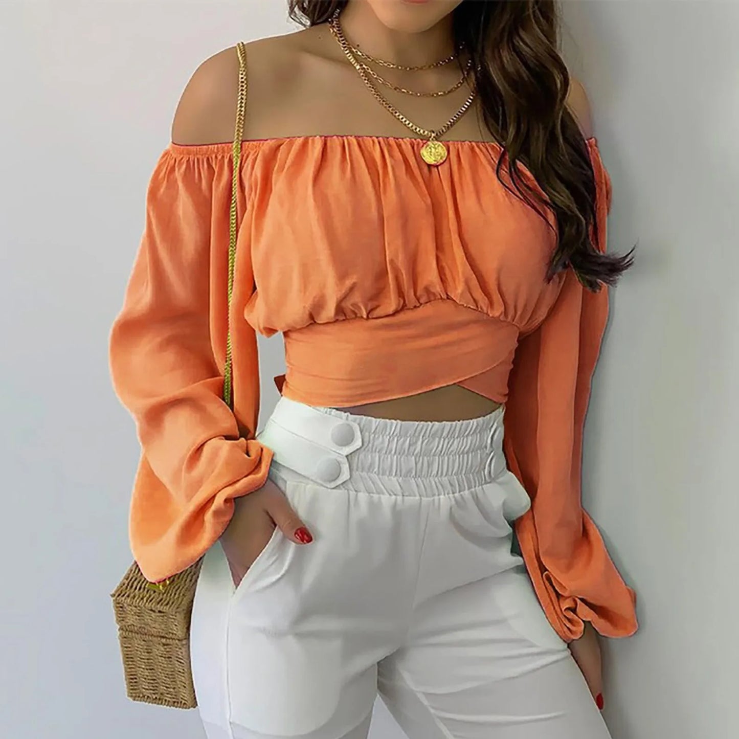Women Sexy Off Shoulder Blouse Chic and Elegant Printing Lantern Long Sleeve Lace Up Bow Cropped Tops Casual Slim Shirts 2024