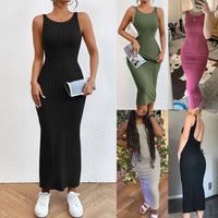 Ladies Temperament Knitted Slip Dress Women Leisure Vertical Stripe Sleeveless V-neck Backless Split Long Dress Spring Summer