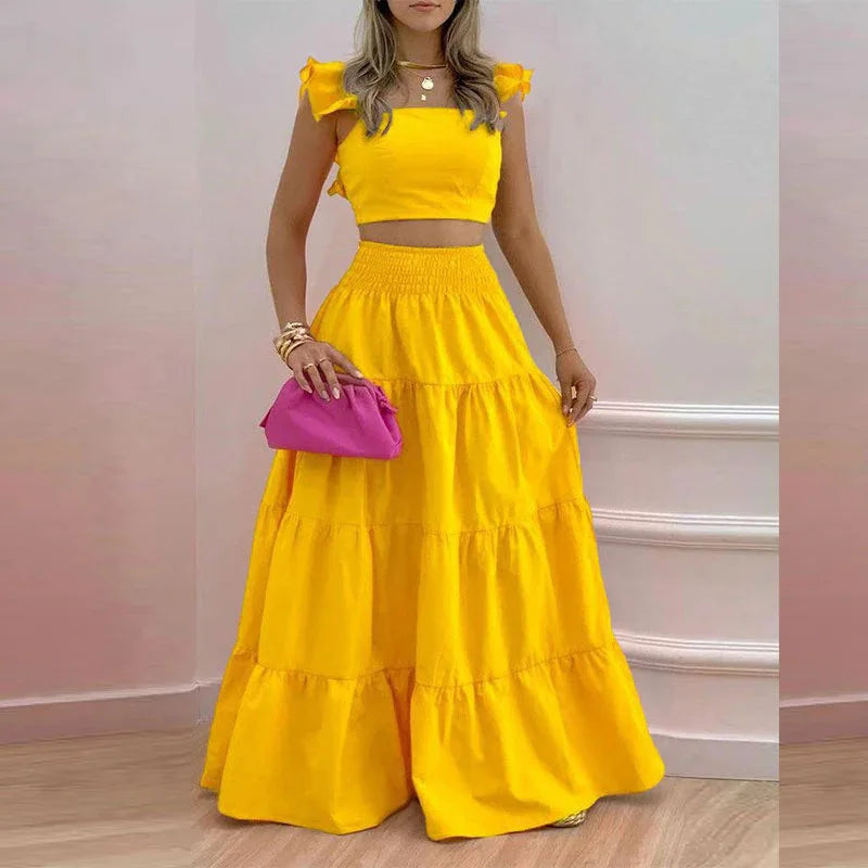 Spring Summer New Comfortable and Versatile Simple Mid Waist Sexy Strap Skirt Solid Color Fashion Set Women's Two Piece Set