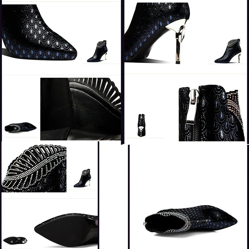 Embossed Women High Heels Peacock Pattern Leather Woman Boots Elegant Pointed Toe Stilettos Autumn Banquet Party Shoes for Women