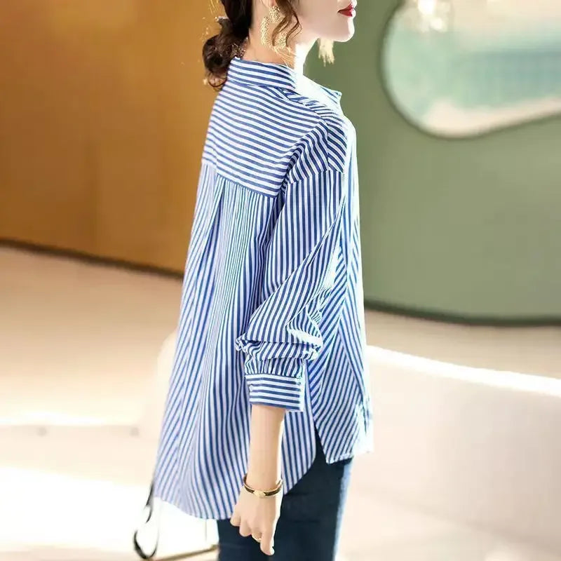 Button Up Female Tops Crop Striped Women's Shirt And Blouse Vintage Xxl Premium Promotion Fashion 2025 Elegant Youth Offer