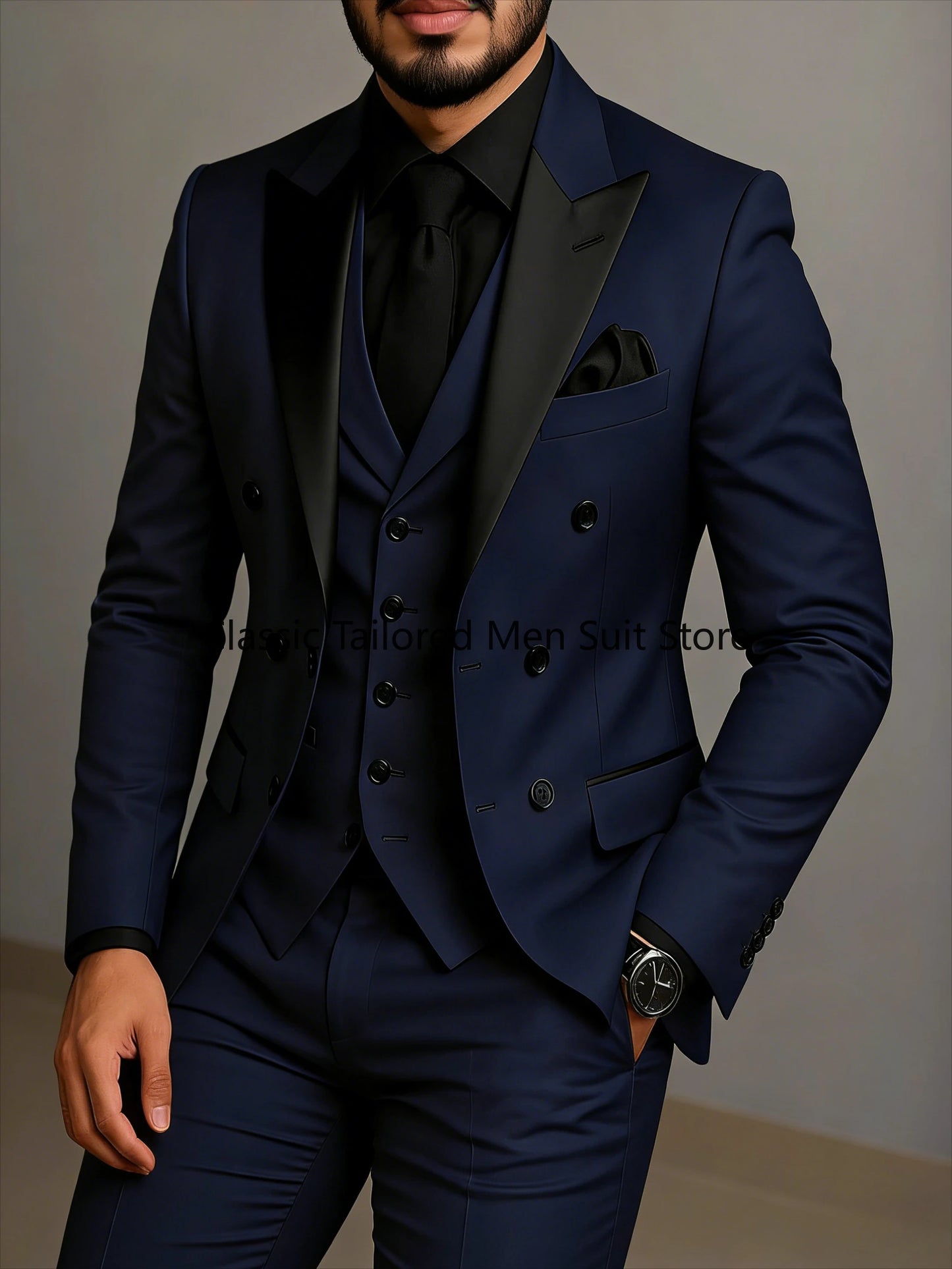 Beige Double Breasted Suit  Black Lapel  Slim Fit Wedding Suit
