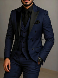 Beige Double Breasted Suit  Black Lapel  Slim Fit Wedding Suit