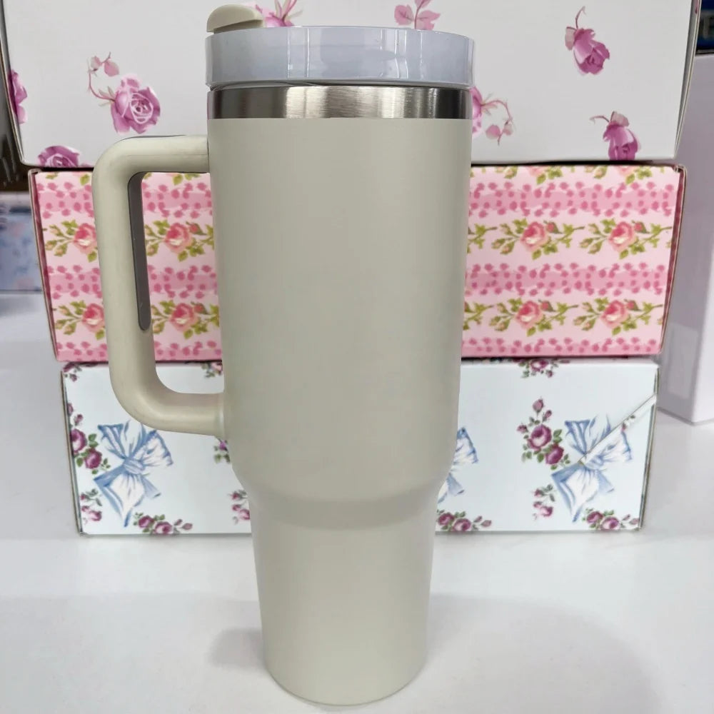 Stainless Steel Vacuum Insulated Car Cup with Dual Straw Lid, Thermal Icy Travel Handle 40oz New