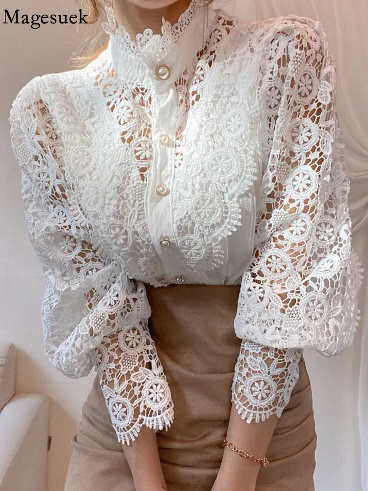 Petal Sleeve Stand Collar Hollow Out Flower Lace Patchwork Shirt Femme Blusas All-match Women Lace Blouse Button White Top 12419