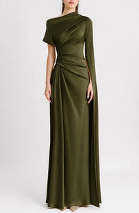 Solid color slanted collar with shoulder sleeves, pleated waist for slimming, ladies' banquet solid color formal dress skirt