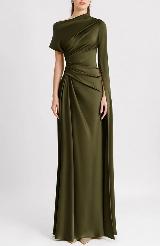 Solid color slanted collar with shoulder sleeves, pleated waist for slimming, ladies' banquet solid color formal dress skirt