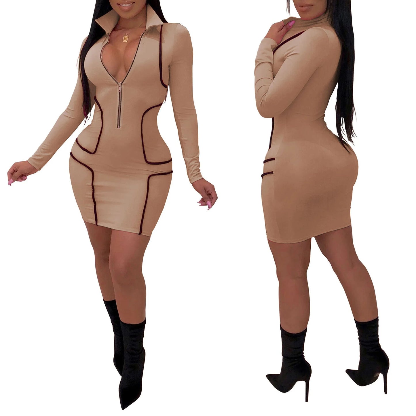 Zipper Stand Collar V Neck Long Sleeve Bodycon Dress Women Fashion Casual Dress Sheath Mini Club Party Dresses Outfits