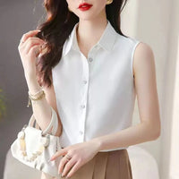 Elegant Lapel Button Solid Color Sleeveless Shirts Women's Clothing 2025 Summer New Loose Chic Tank Top Office Lady Blouses