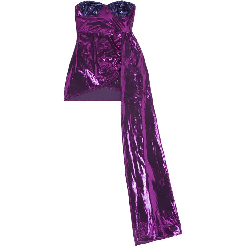 2025 Autumn New Sexy Spice Ice Silk Splicing Tube Top Irregular Hip Wrap Dress Women's Nightclub Mini Purple