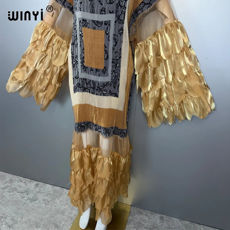 WINYI Pleated Elastic loose dress beach cover up kaftan abaya dubai luxury party dress fashion evening dress abaya muslim woman