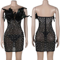 Off The Shoulder Mesh Rhinestone Beaded Feather Prom Corset Dress See Through Night Club Evening Wedding Party Sexy Mini Dresses