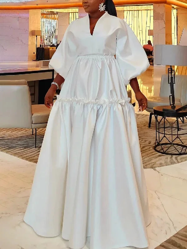 Women Minimalist Solid Color Puff Sleeves Falbala Party Evening Dress  New Spring Autumn Loose Casual Maxi Dresses
