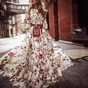 High Quality 2022 Autumn Fashion Women's Cloth Crow's Feet Floor Length Dress Lady's Flower Skirt Urban Casual Slimming Dresses