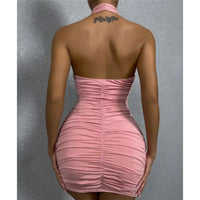 2024 Summer Women Chic Korean Style Vacation Dress Lady Sexy Solid Color Halter Backless Dress Female Designer Ruched Skirts