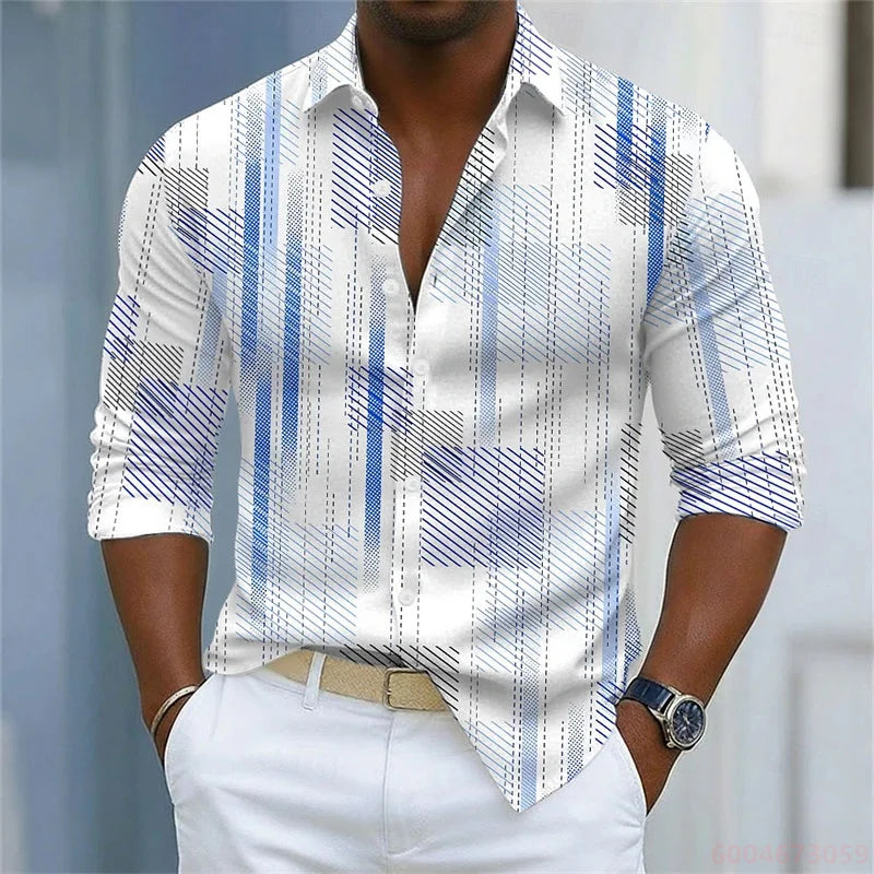 Men's shirt with simple geometric lines printed in contrasting colors, loose long sleeved top, daily casual versatile shirt
