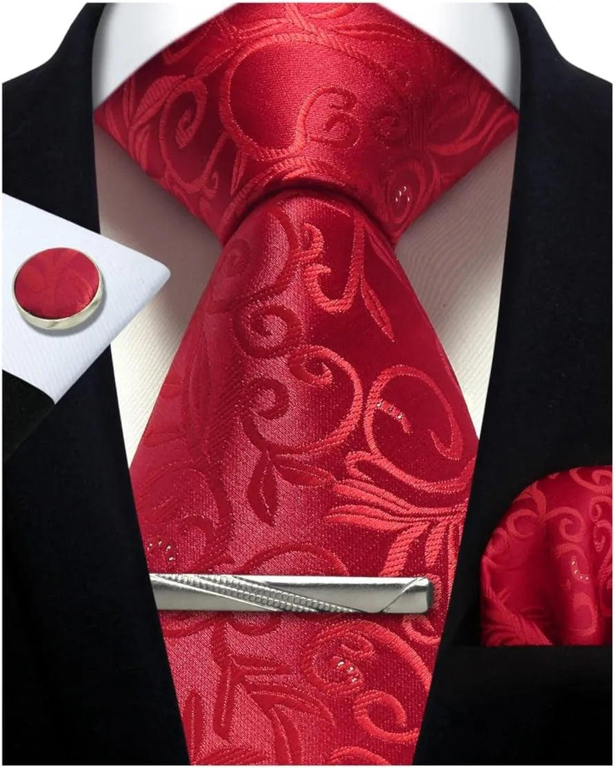Mens Tie Set Silk Silver Paisley Floral Necktie and Pocket Square Cufflinks Tie Clip Classic Formal Ties for Men Wedding Party