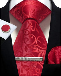Mens Tie Set Silk Silver Paisley Floral Necktie and Pocket Square Cufflinks Tie Clip Classic Formal Ties for Men Wedding Party
