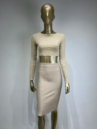 Women Clothing Set Sexy Long Sleeve Beading Black Beige Two Pieces Bandage Set Party High Street Celebrity Skirt Suits