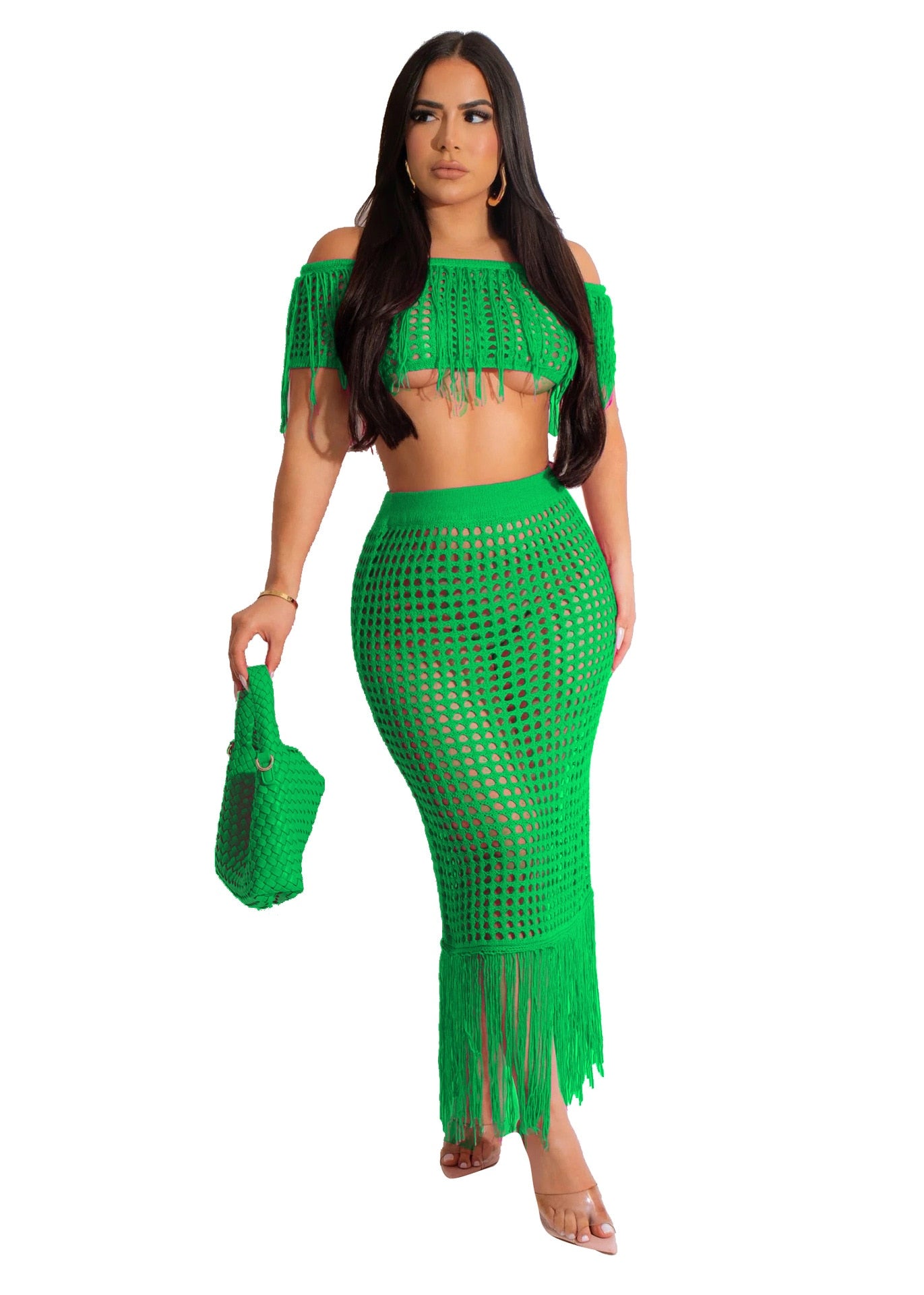 Slash Neck Solid Tops Swimsuit Cover Ups 2 Piece Set Sexy  Holiday Women Hand Crochet Ruffles Tassel Knitted Beach Maxi Dress