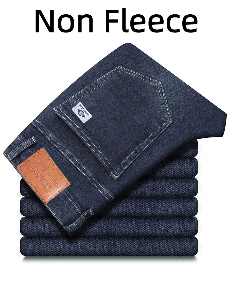 Men's Winter Warm Fleece Lined Thick Stretchable Business Casual Jeans Lightweight Trousers for Office And Daily Wear