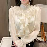 Vintage Ruffles Elegant Lace Blouse Women Stand Collar Button White Chiffon Shirt Woman Long Puff Sleeve Loose Shirts Tops 12946