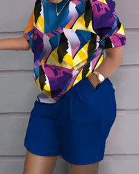 Women Print Two Piece Shorts Sets Matching Sets Short Sleeve T Shirts Pockets Elastic Waist Trousers Y2k Tops Suits Summer 2025