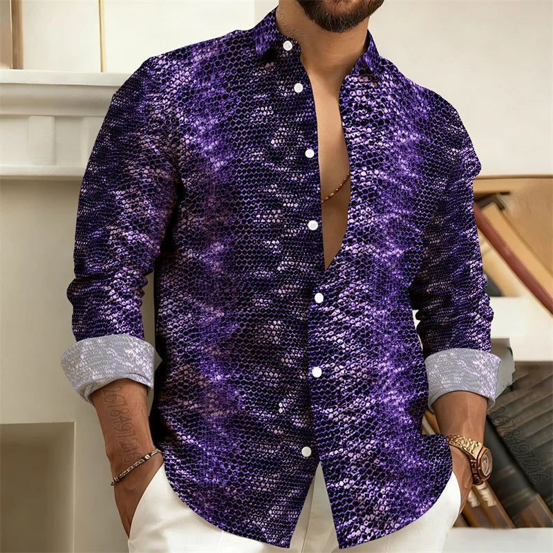 2026 New Men's Shirt: Snake-Print Long-Sleeve Shirt  Stylish Slim-Fit Turn-Down Collar Shirt, Streetwear Trend, Hawaiian Style