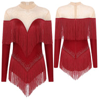 Rhinestone Tassel Leotard Dress for Women's Latin Jazz Dance Performance Clothes Ballroom Fringed Jazz Samba Tango Dresses