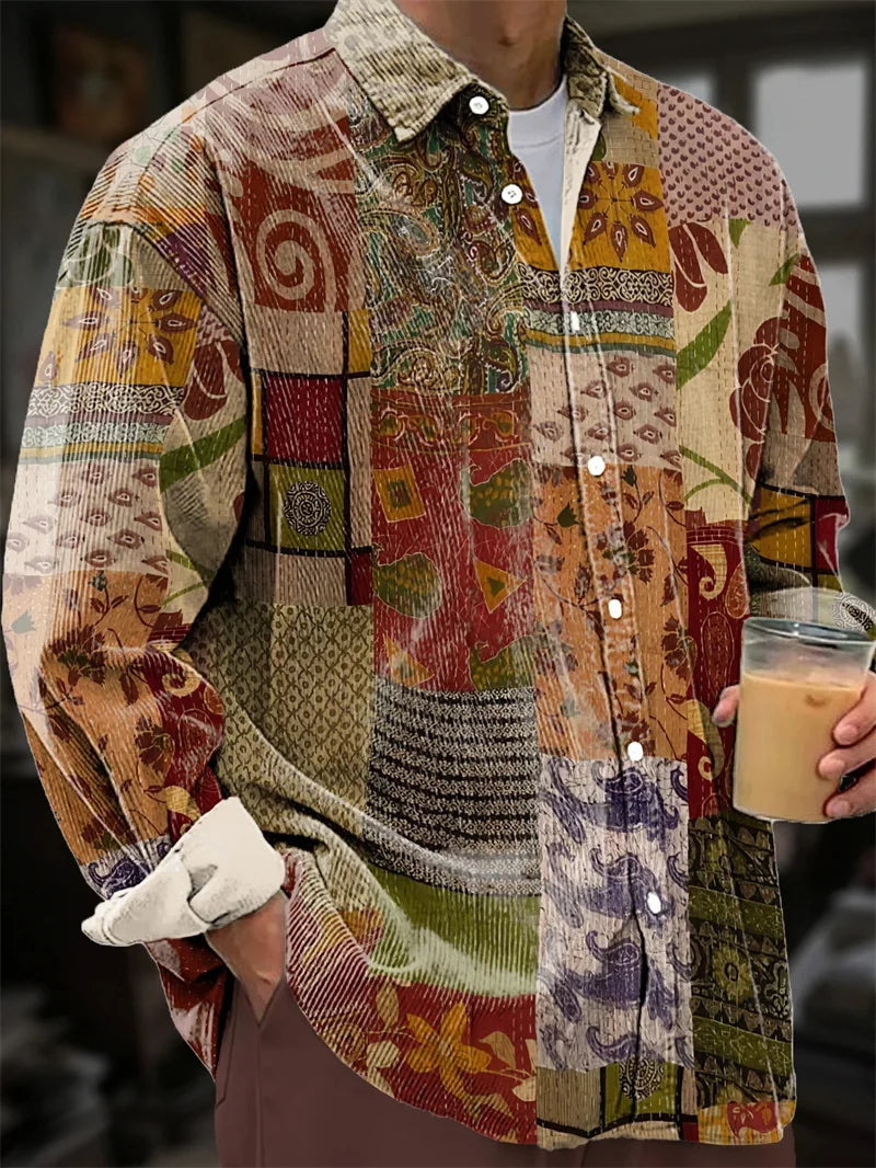 New Vintage Men's Linen Shirt Long Sleeve Chic Top Kitten Pattern Holiday Lapel Collar 3D Wave Printed Shirt Top