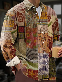 New Vintage Men's Linen Shirt Long Sleeve Chic Top Kitten Pattern Holiday Lapel Collar 3D Wave Printed Shirt Top