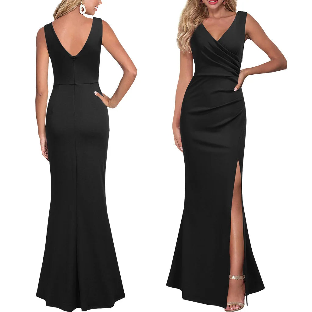 2023 Summer Women's New Nightclub Fashion V-neck Sleeveless Pleated Split Evening Sexy Dresses Maxi Dress