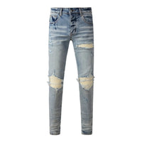 Fashion Top Quality Streetwear Distressed Men's Jeans  Vintage Low Rise Stretch Skinny Button Fly Ripped Hold Pants