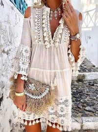 New Spring Embroidery Crochet Lace Boho Dress Women Elegant Off Shoulder Tassel Ruffle Mini Dress Summer V Neck Lady Beach Dress